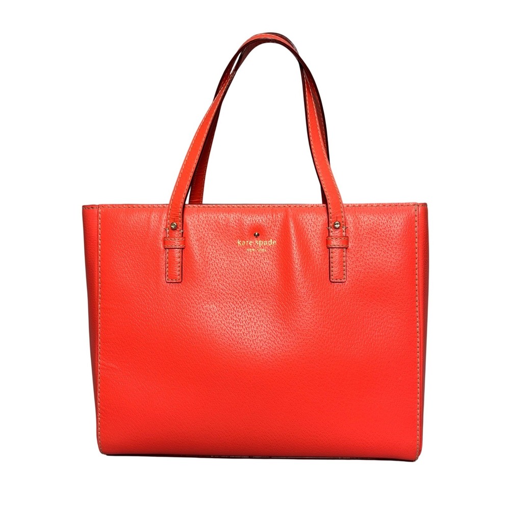 Kate Spade New York Orange Pebbled Leather Tote Bag Chevron Lining Gold Logo